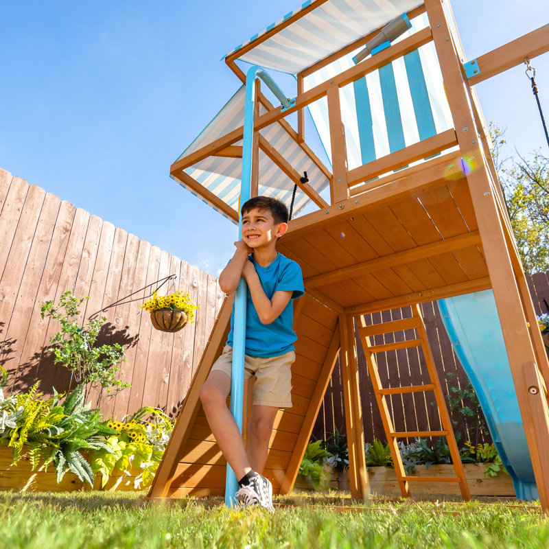 Teamson Kids Laguna Outdoor Wooden Swing Set With Slide & Rock